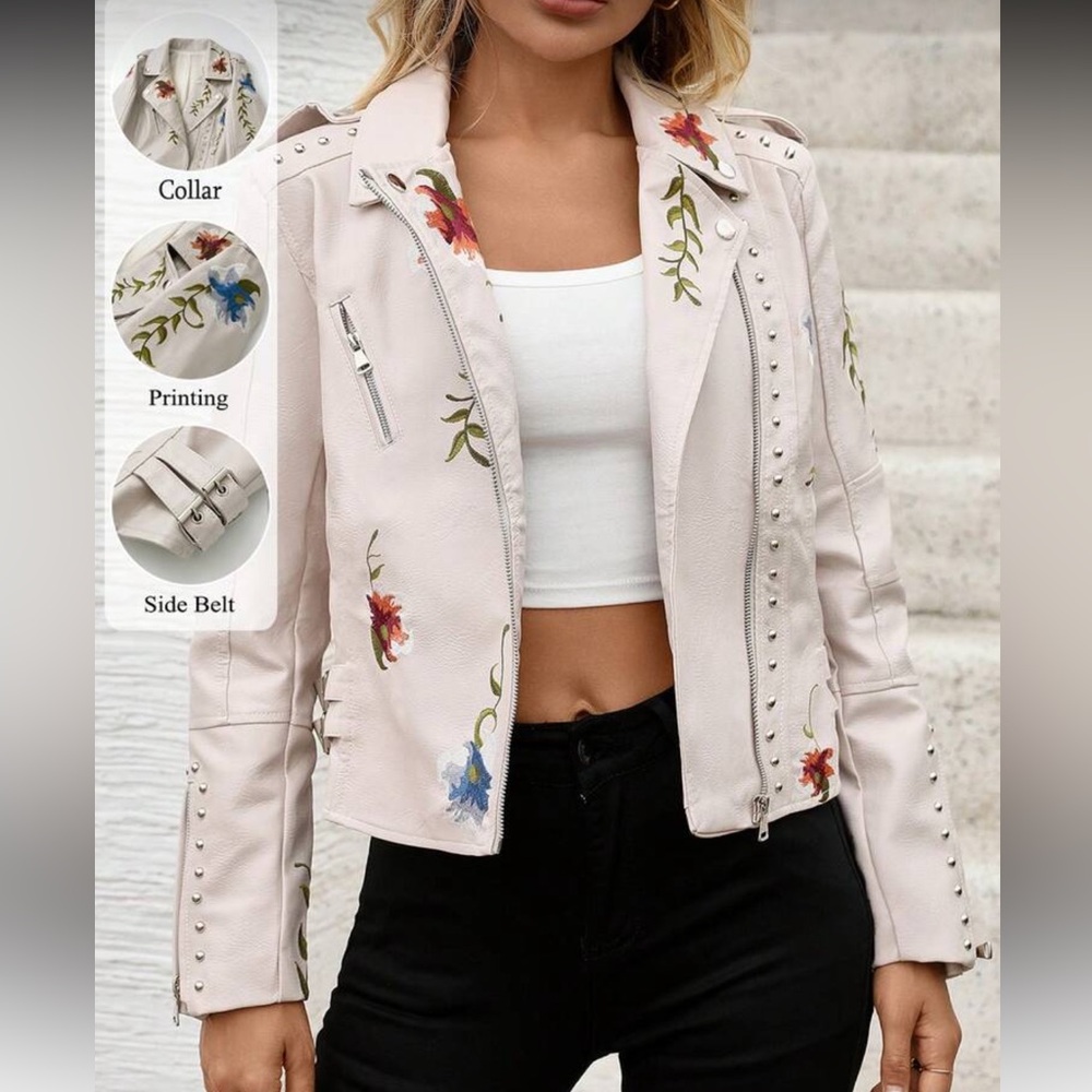 Floral Studded Moto Jacket Beige Faux Leather Embroidered Biker Style Jacket - Picture 6 of 9